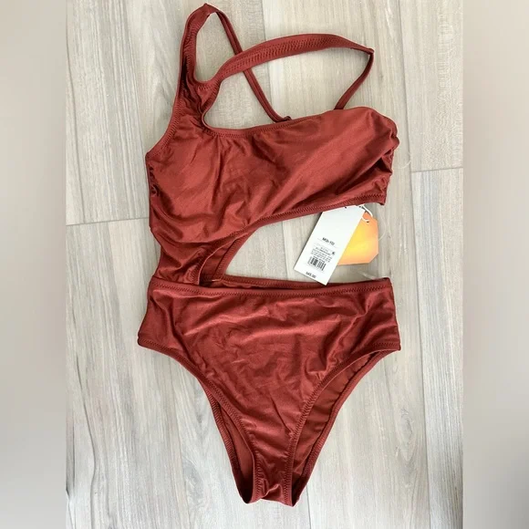 Fe Noel Asymmetrical Bronze Swimsuit, Sz M, New w Tags - Picture 2 of 5